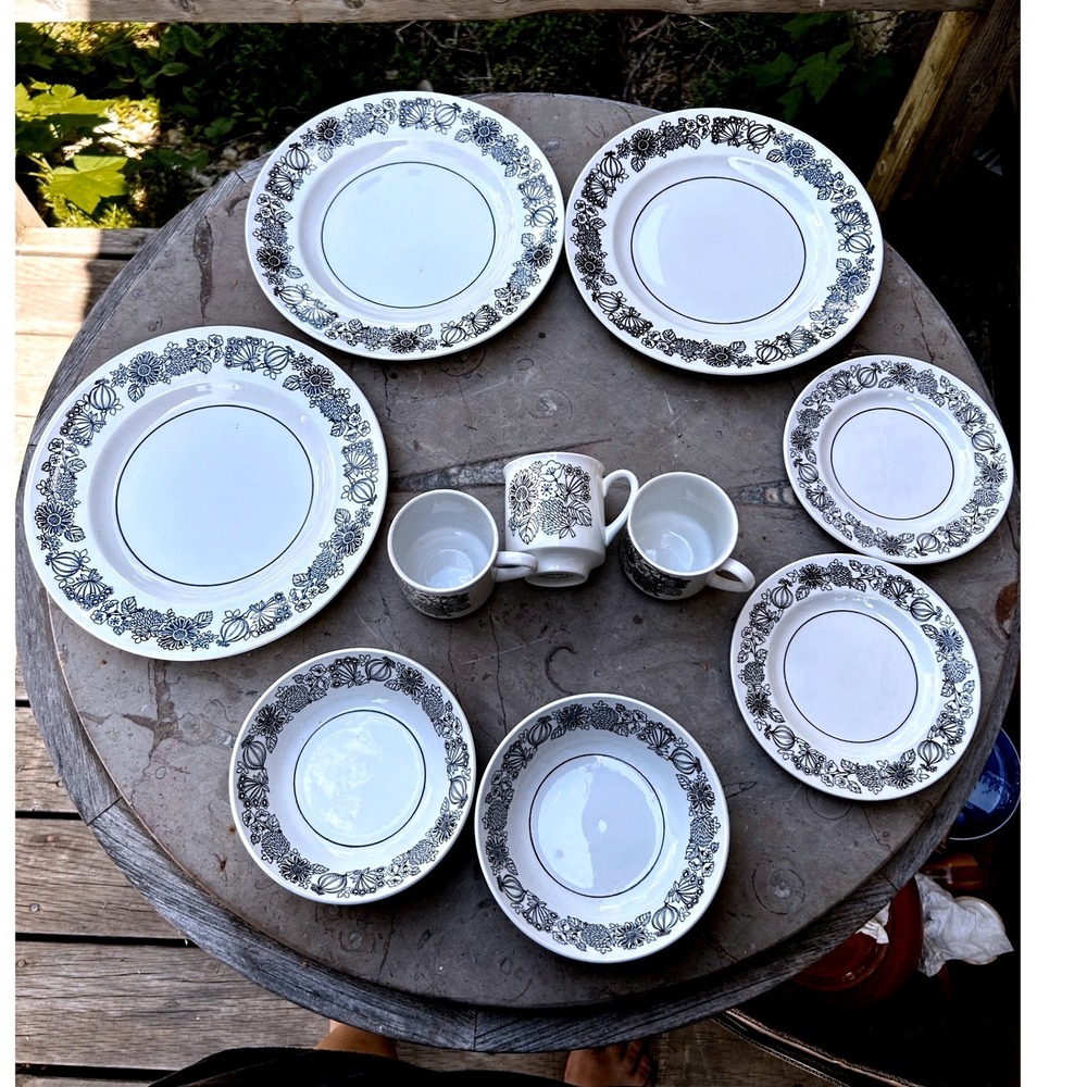 Vintage Manitou Dinnerware Set White Black Floral Ironstone Grindley 8pc Mixed